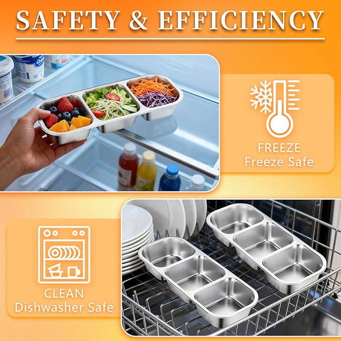 2Pack Reusable Stainless Steel Snack Containers with Leakproof Lids 3 Compartment, Stackable Metal Food Storage Lunch Boxes for Adults, Meal Prep, Travel, Office (2)