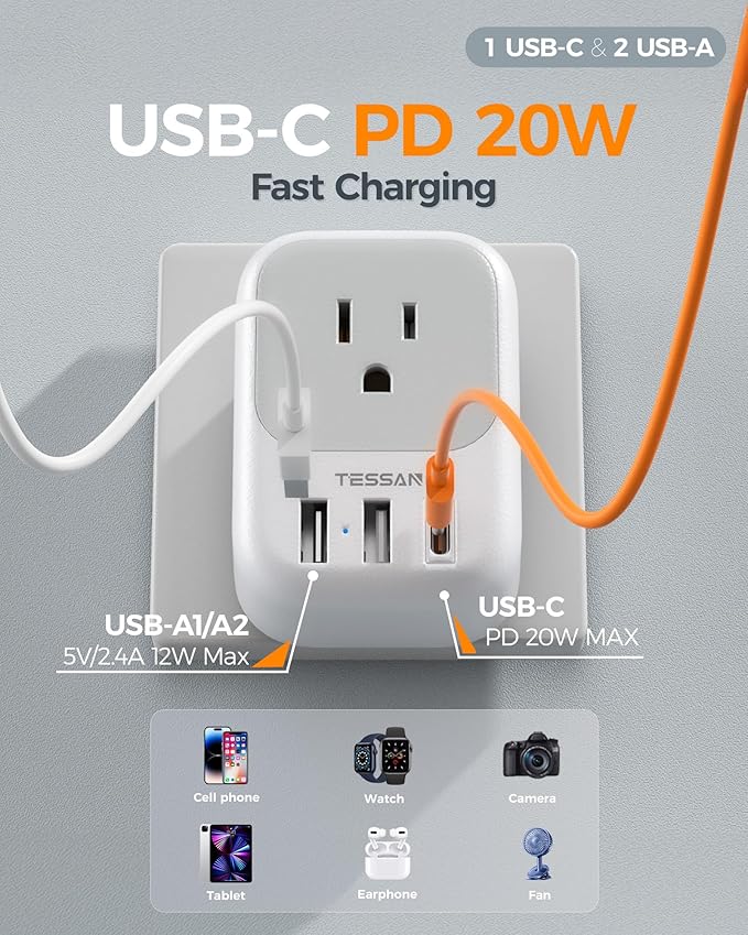 Australia New Zealand Power Adapter, TESSAN Type I Travel Adaptor with 4 American Outlets 3 USB Ports (1 USB C 20W), Plug Adapter for US to Australian Argentina China Fiji Cook Islands AU NZ