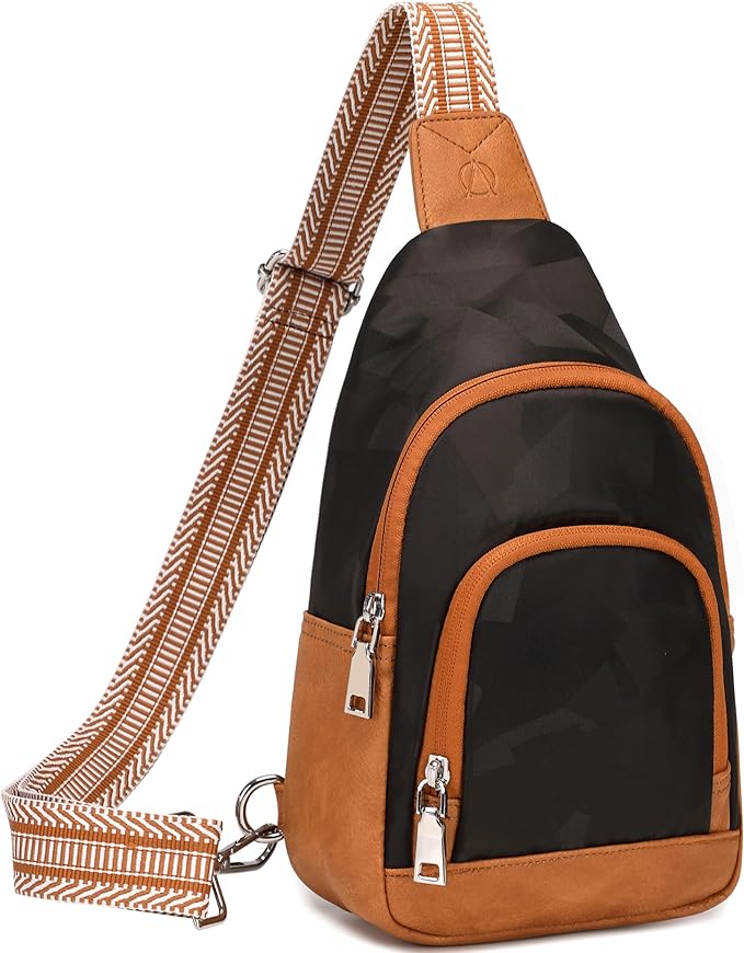 AO ALI VICTORY Fanny Packs for Women Small Crossbody Bags Sling Purses Anti Theft Cross Body Shoulder Bag for Travel Work Waterproof Nylon Chest Bag with Leather Gifts for Mom（Brown- Geometric Black）