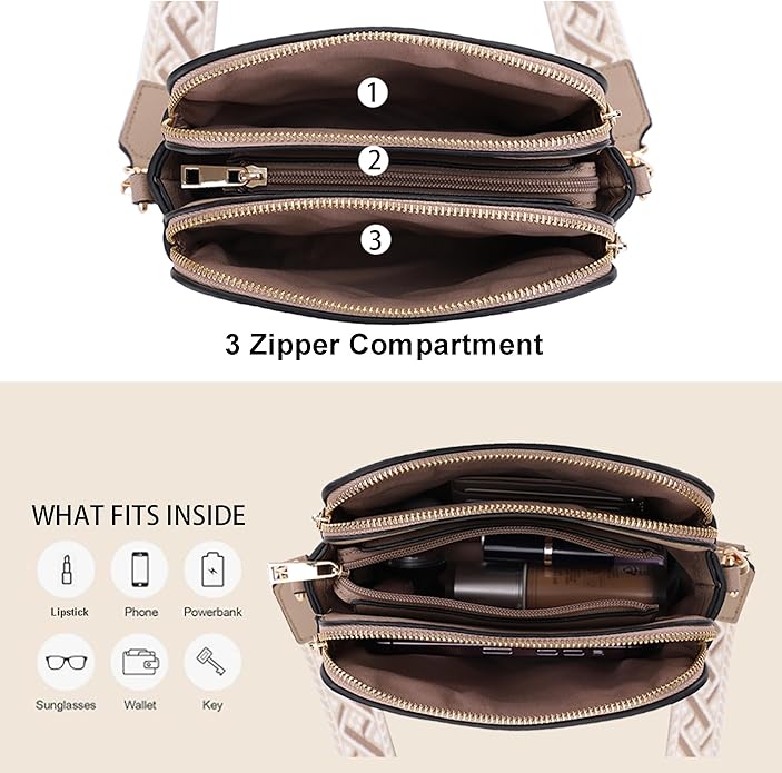 EVVE Crossbody Bags for Women Trendy Triple Zip Small Crossbody Camera Bag Purse with Wide Guitar Strap
