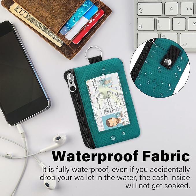 Minimalist Small Wallet for Men Women with 2 Zip Pockets, Multi Functional ID Case with Keychain and Card Holder, Coin Purse Badge Lanyard Pouch for Boys Girls Travel - Peacock Blue