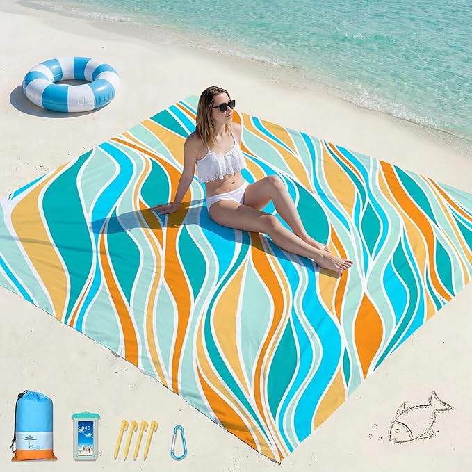 Famstar Beach Blanket Oversized Extra Large 78"X81"/10'X9',Waterproof Sandproof Beach Blanket 2-8 Adults Lightweight Durable for Travel Camping Hiking Picnic