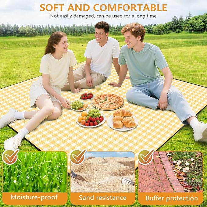 OBTANIM Extra Large Picnic Blanket 80 x 80 Inch Waterproof Foldable Beach Blankets Outdoor Picnic Mat for Camping Grass Lawn Park Music Festival Party Accessories (Yellow and White)