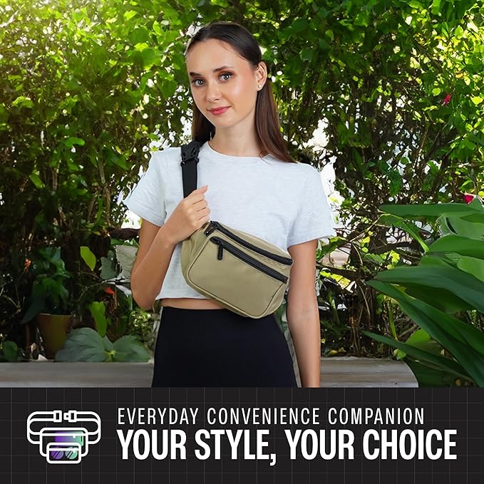 Olive Green Fanny Pack Belt bag - Crossbody Waist Bag for Men or Women - Hands-Free, Waterproof Large Bumbag for Hiking, Running, and Travel