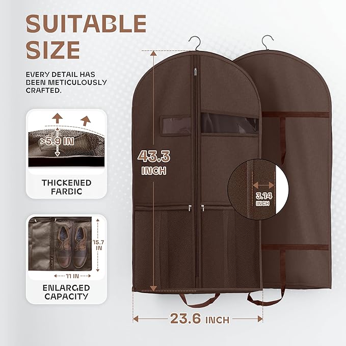 Lazebox 43" Travel Garment Bag with Accessories Zipper Pocket, Heavy Duty Suit Bag for Suits, Tuxedos, Dresses, Coats, Brown, 1 pack