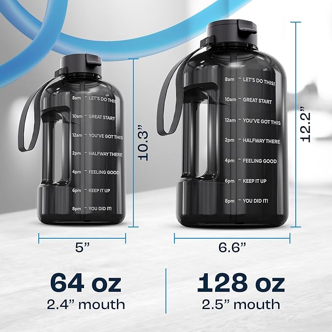 AQUAFIT 128 oz Water Bottle with Time Marker - Straw & Chug Lid - BPA Free 1 Gallon Gym Water Bottle with Handle - Big Gallon Jug (Midnight Gray, 128 Ounces)