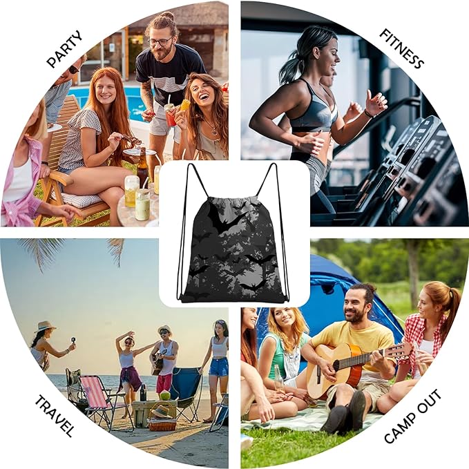 Drawstring Backpack Draw String Sports Bags for Gym Travel Beach Waterproof Cute Sackpack Men Women (13"×17")-Black Bat