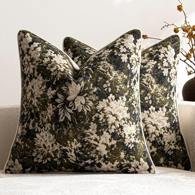 DEZENE Pack of 2 Vintage Floral Euro Sham Covers 24x24 Boho Farmhouse Accents Chenille Square Decorative Throw Pillow Cases for Living Room Couch Bed Home Decor, Olive Green
