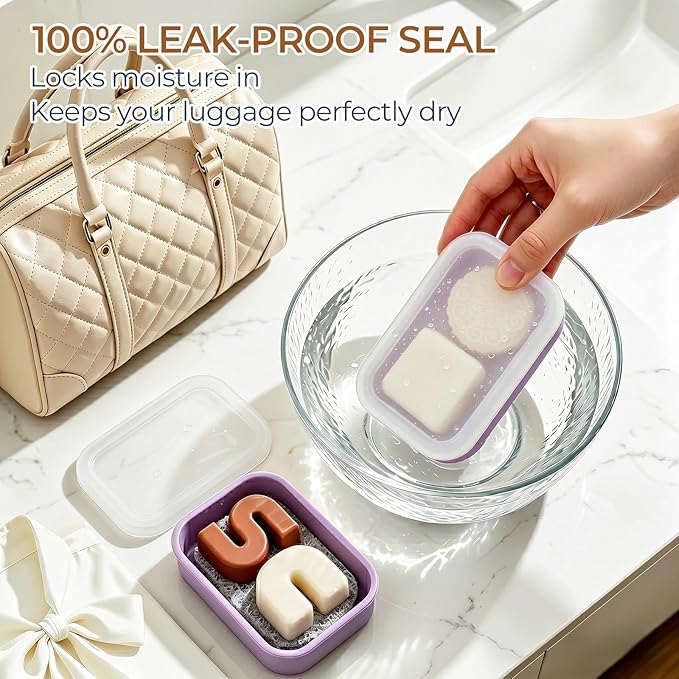 AIMAIAIMAI Silicone Shampoo Bar Travel Case with Drain Pad – Leak Proof Bar Soap Travel Case for 2 Bars, Shampoo & Conditioner Bar Holder for Camping, Gym | 1 Pack, Translucent & Light-Purple