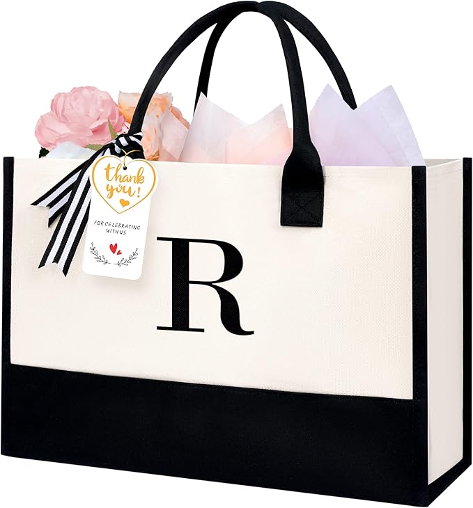 BAGAIL Initial Tote Bag, Personalized Birthday Gifts for Women, Teacher, Friends, Mom, Wedding, Monogrammed Beach Bag