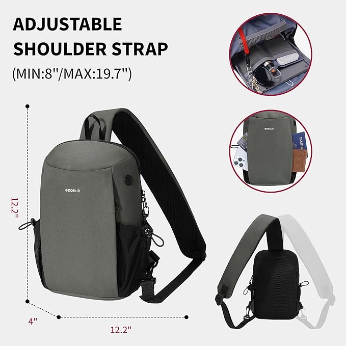 ECOHUB Sling Bag for Women Men Anti Theft Crossbody Bags Travel Purses Anti Theft Crossbody Hiking Backpacking Packs, Grey