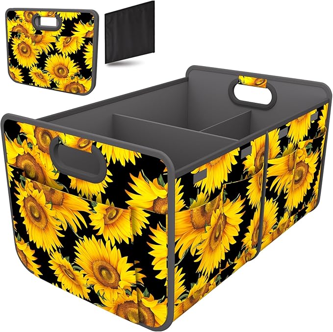 Homeve Car Trunk Organizer for SUV, 18.5Gal Large Capacity No-Sag Heavy Duty, Foldable Waterproof Anti-Slip Storage with 12 Pockets, Fit Sedan, Truck, Universal Car Accessories, Sunflower, Large