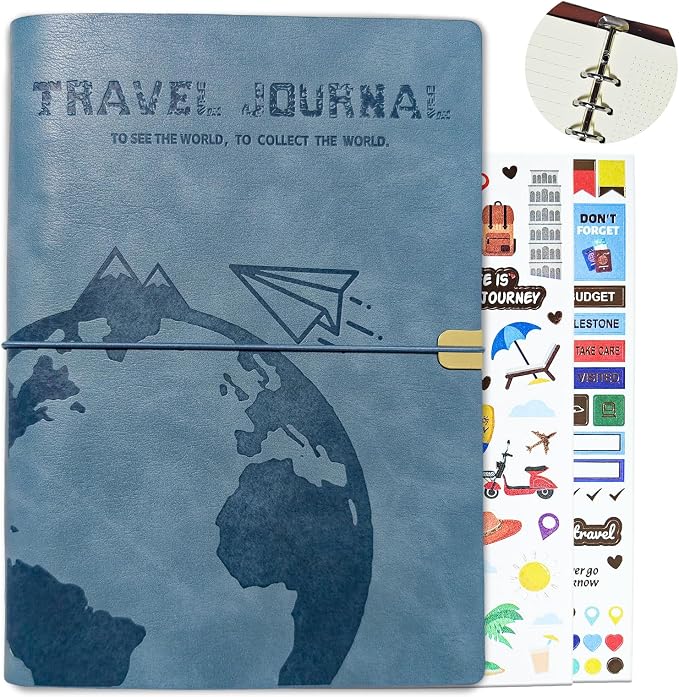 Travel Journal for Women Men, Leather Travel Scrapbook Notebook & Adventure Book Travel Planner Memory Diary, Travel Gifts (Blue)