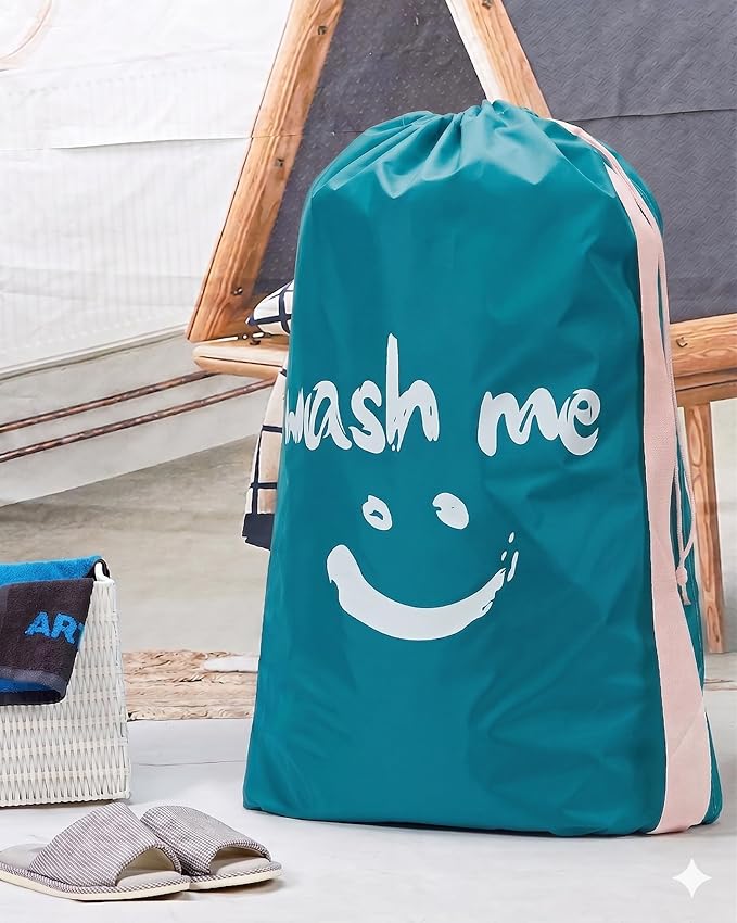 HOMEST 2 Pack XL Wash Me Travel Laundry Bag with Strap, Dirty Garments Organizer, Large Enough to Hold 4 Loads of Clothes, Easy Fit a Hamper or Clothing Basket, Azure and Blue