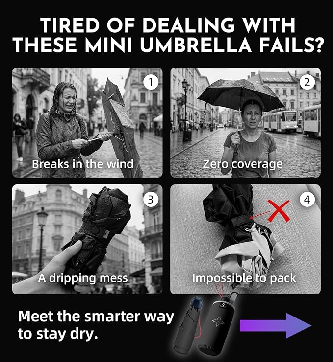 Travel Mini Umbrella Compact Small & Lightweight, UV Rain Protection, Pocket-Sized Folding Umbrellas with Quickdraw & Case for Men Women & Kids Backpack