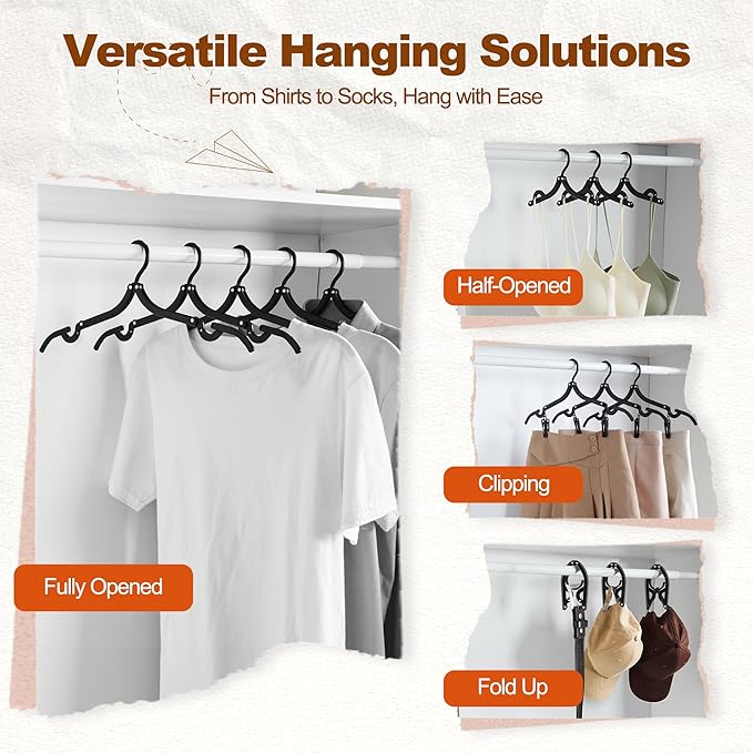 HOUSE DAY 10 Pack Travel Hangers with Clips, Cruise Essentials 2026, Black Foldable Hangers for Pants Skirt, Lightweight Portable Collapsible Clothes Hangers Space Saving Set for Hotel, RV, Dorm