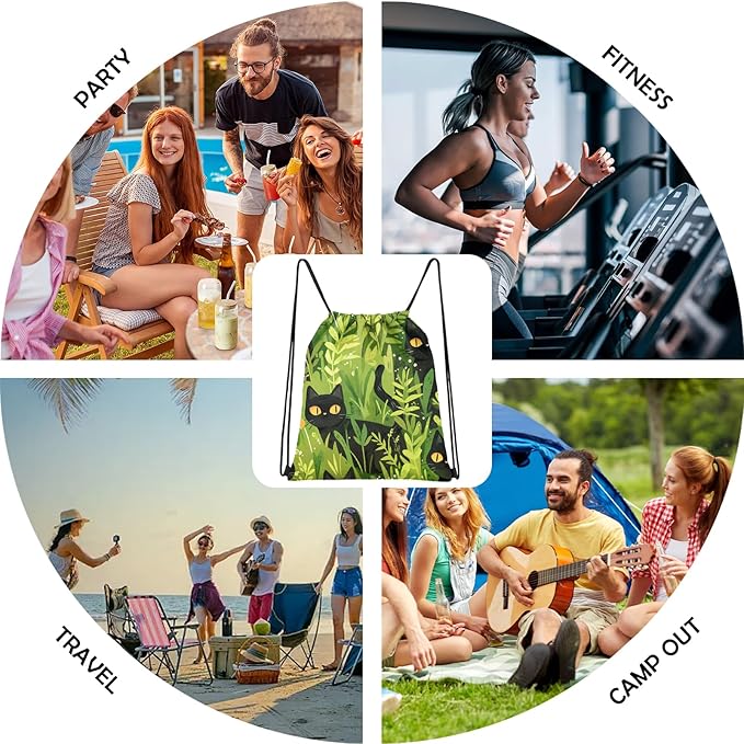 Drawstring Backpack Draw String Sports Bags for Gym Travel Beach Waterproof Cute Sackpack Men Women Aesthetic (13"×17")-Cat