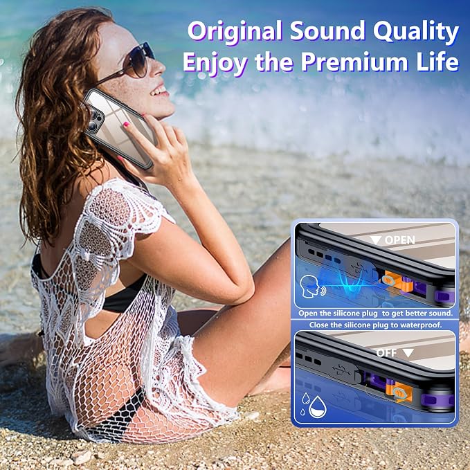 Compatible with iPhone 16 Pro Max Case Waterproof, Built-in Screen & Camera Protector IP68 Underwater Full Body 16FT Military Dropproof Shockproof Phone Case 6.9"-Purple/Clear