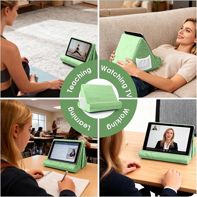 Multi-Angle Tablet Stand with Soft Pad Cushion and Net Pocket - Universal Lazy Holder for Lap, Knee, Sofa and Bed(Green)