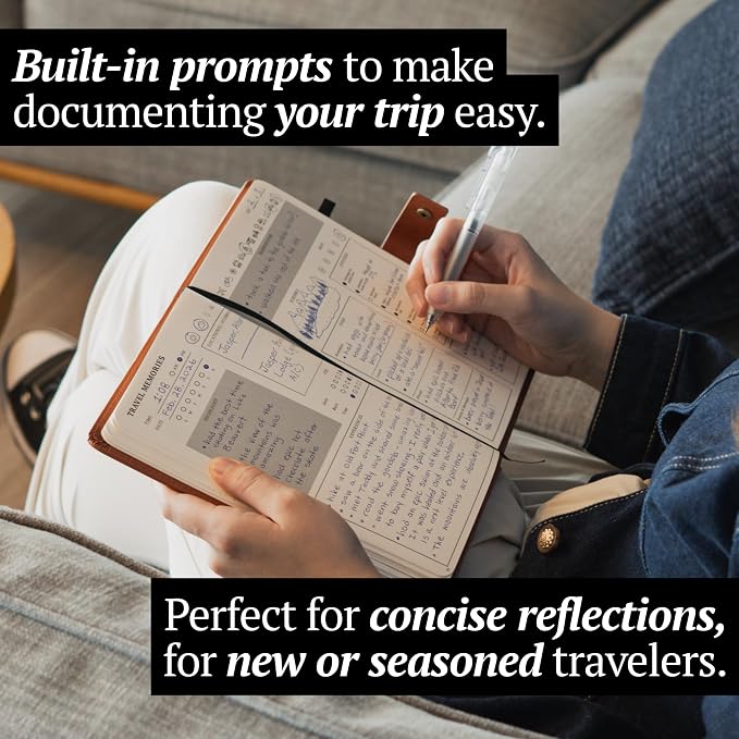 Travel Journal with Prompts (Hardcover) 2nd Edition - Vegan Leather Adventure Essential - 2-Page-A-Day Travel Journal (40 Days) for Women Men Nonbinary - A5 Daily Diary & Traveler Notebook - Gift - Present