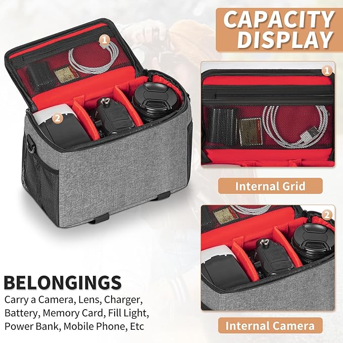 GMAK Camera Bag for Photographers, Anti-shock Camera Shoulder Bags with Water-resistant Rain Cover, Camera Case Compatible for DSLR/SLR/Mirrorless Cameras, 9'' × 4.7'' × 7.5'', Grey