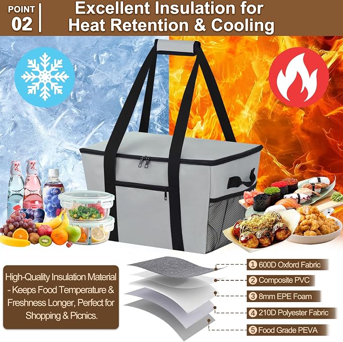 Reusable Grocery Bag – Expandable Insulated Cooler Bag with Bottom Board, Collapsible Insulated Shopping Bag with Zipper & Drawstring, Heavy Duty Tote Bag for Shopping, Delivery, Picnic, Beach