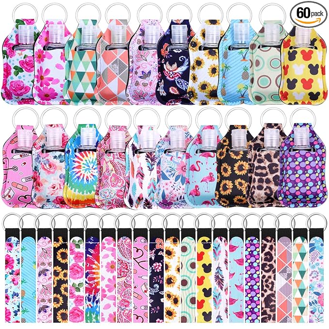 Empty Hand Sanitizer Holders Set 60pcs, Include 20 Portable Refillable Travel Bottle Container with Flip Cap, 20 Reusable Bottle Holders, 20 Wristlet Keychain