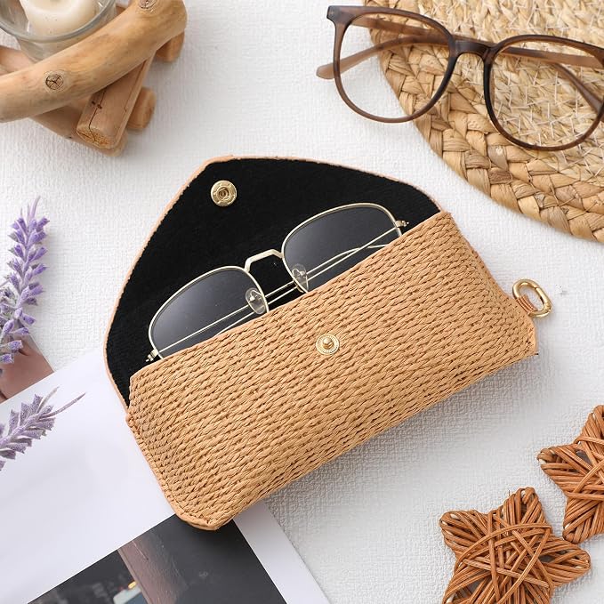 Leinuosen Woven Straw Sunglasses Case with Clip, Hard Shell Boho Rattan Pouch, Portable Travel Beach Accessory for Women Girl
