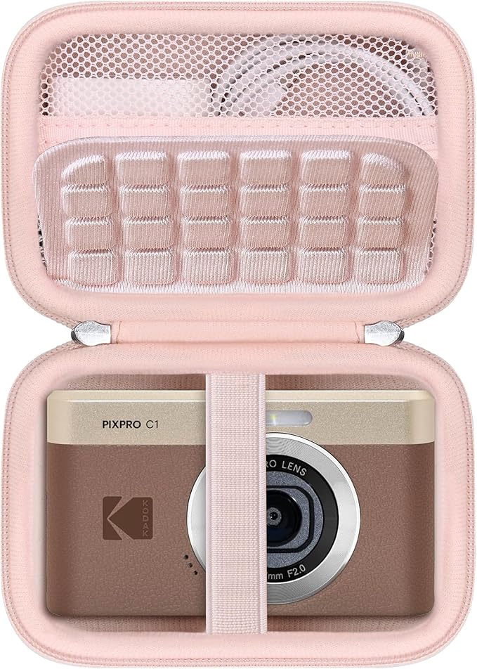 RAIALL Carrying Case for KODAK PIXPRO C1 Friendly Zoom Digital Camera, Point and Shoot Vlogging Camera Hard Travel Bag, Mesh Pocket for Charging Adapter, SD Card, USB Cable and Batteries, Pink