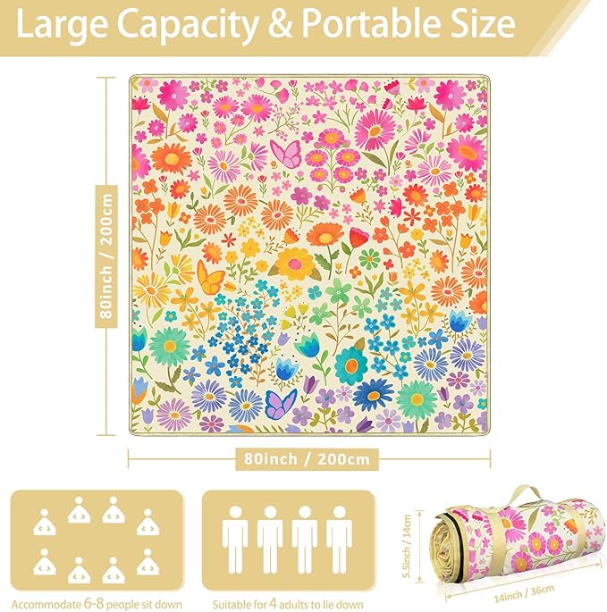Floral Picnic Blankets Waterproof Foldable, 80″X80″ Extra Large Picnic Mat Boho Outdoor Blanket for Grass, Cute Packable Beach Blanket Sandproof Picnic Accessories for Camping Music Festival Park Lawn
