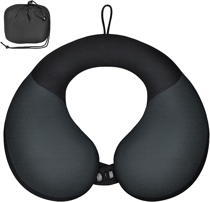 COOLBEBE Kids Travel Neck Pillow for Airplane & Car, Soft Breathable Fabric, Ergonomic Side Support for 3-12 Year Olds, Adjustable Snap Button, Travel Essential for Boys & Girls, Black & Grey