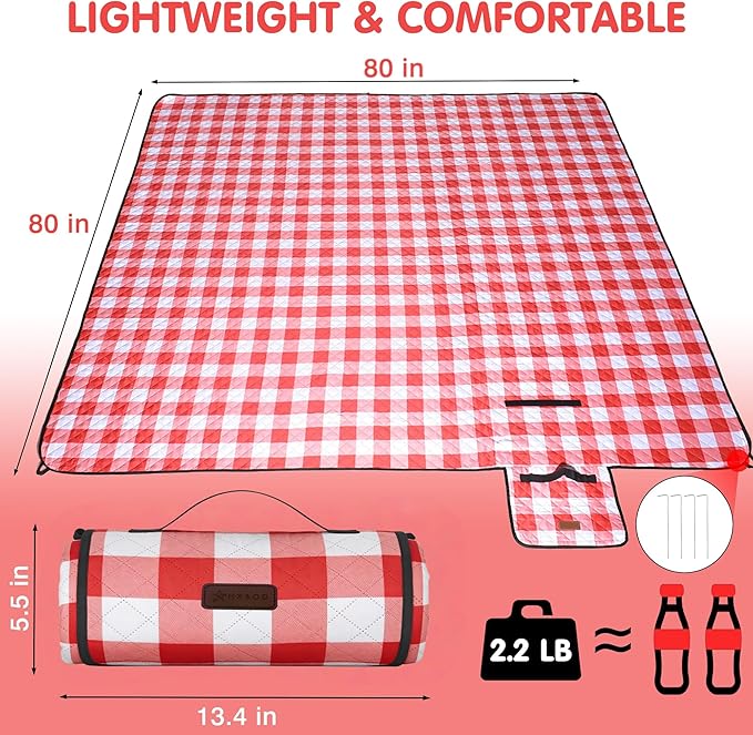 HX&OD Outdoor Picnic Blanket, Extra Large, 80''x80'' Waterproof Foldable Blankets Gingham Picnic Mat for Beach, Camping Grass Lawn Park Accessories Cute Couple Ideas Wedding (Red, 80”x80”)