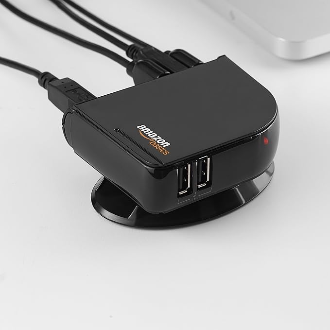 Amazon Basics 7-Port USB 2.0 Hub Tower for Laptop and PC, USB Splitter with 5V/4A Power Adapter, 2 Fast Charging Ports, Plug and Play, Black