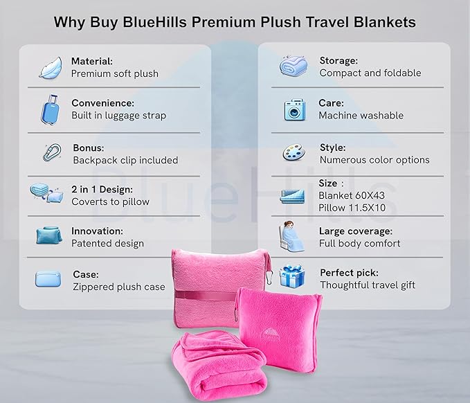 BlueHills Premium Soft Travel Blanket Pillow Airplane Blanket Packed in Soft Bag Pillowcase with Hand Luggage Belt and Backpack Clip, Compact Pack Large 2 in 1 Combo for Any Travel (Pink T004)