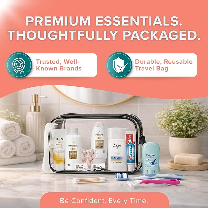 15 Piece Set Women’s Travel & Hygiene Kit with Clear Toiletry Bag, Personal Care Essentials, Single Kit or Bulk Case Packs, TSA Approved Toiletry Kit for Travel, Vacation, Everyday Essentials