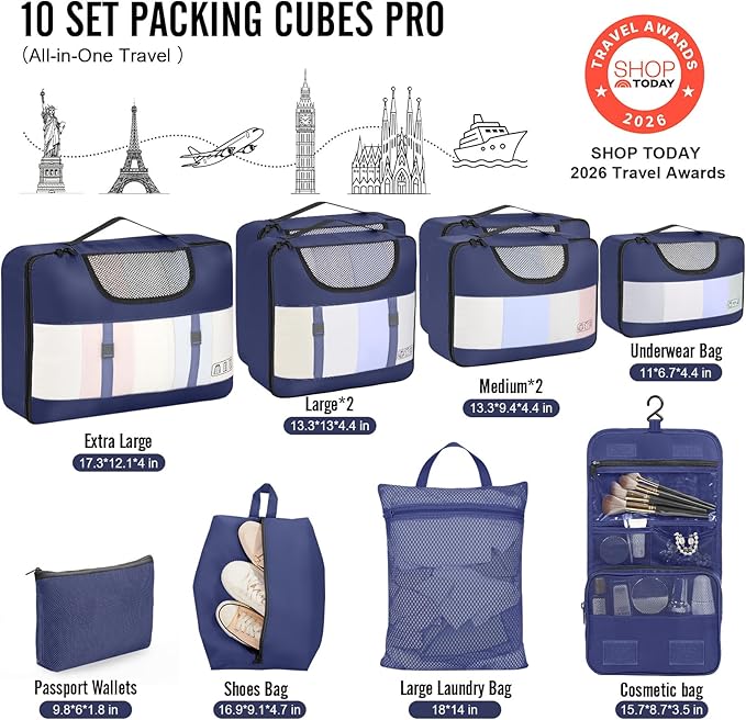 Veken 10 Set Packing Cubes for Travel Essentials,Anti-Wrinkle Buckled Suitcase Organizer for Shoe & Toiletry Bag,Carry On Luggage Bag for Airplane & College Dorm Room Accessories,Women Men Gifts