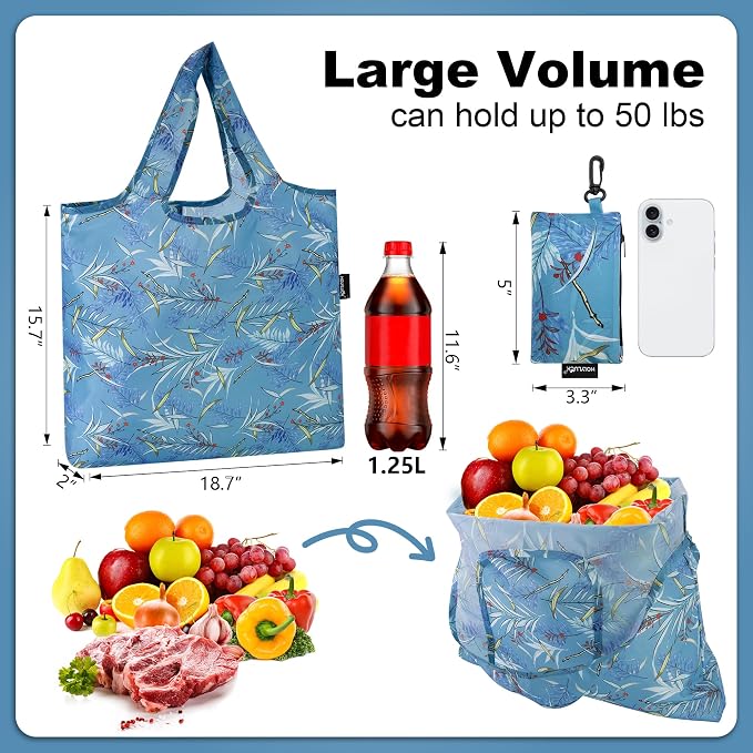 HOLYLUCK Reusable Grocery Bags,Heavy Duty Foldable Shopping Tote Bag (Standard, Blue leaves)