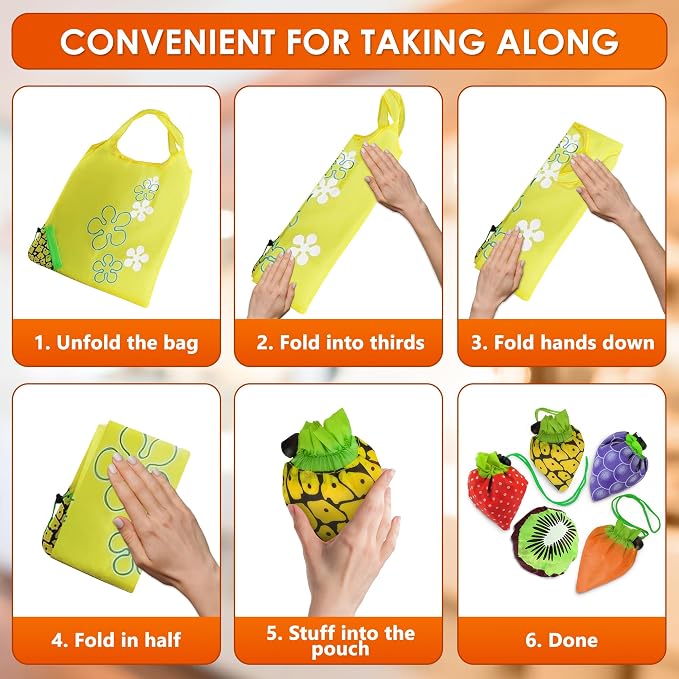 5 PCs Fruit Micro Tote Bag – Reusable Grocery Bags Foldable with 15"x15" Capacity Size, Washable Build for Wear Resistance and Long Service Life – Handy Choice for Market Trips and Daily Carrying