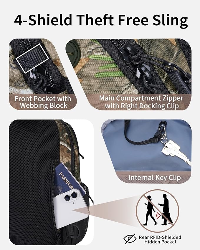 ECOHUB Crossbody Bags for Women Men, Anti-Theft RFID Blocking Sling Backpack with Sturdy SBS Zippers Water Resistant Chest Shoulder Bag Daypack with 9 Pockets Casual Outdoor Hiking, Camouflage