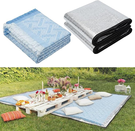 Hahafelt Extra Large Outdoor Picnic Blanket Oversize Beach Woven Cotton Yarn Blanket with Fringe Machine Washable Sandproof Portable for Spring Summer Camping Beach Park(Blue)