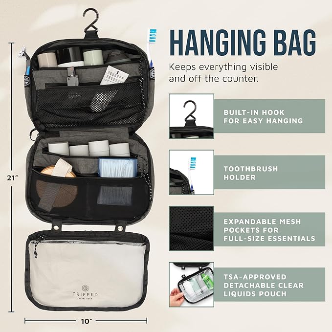 Toiletry Bag Kit Set: Hanging Travel Toiletry Bag + 311 TSA Cosmetic Liquid Bag + Ultralight Accessory Organizer Pouch
