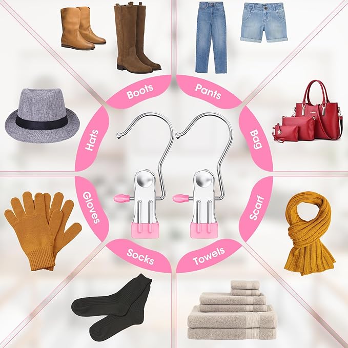 36 Pack Boot Hangers Clips for Closet, Laundry Hooks Hanging Clips Pants Hangers with Clips Legging Organizer Clothes Pins Hanger Clips for Closet Organizer Towel Socks Hats Jeans Home Travel Pink