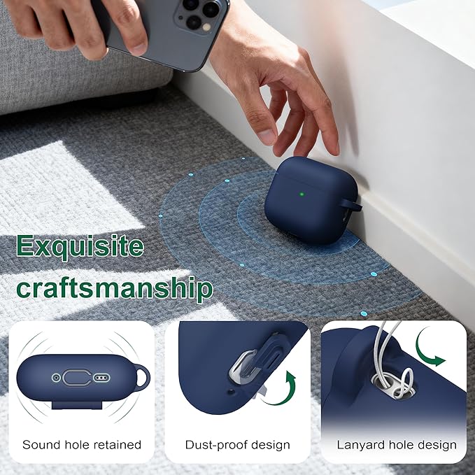 R-fun for AirPods Pro 3 Case (2025), Soft Silicone Protective Case Cover Compatible with Apple AirPods Pro 3rd Generation (USB-C Cable) for Women Men with Cleaning Kit and Keychain, Midnight Blue