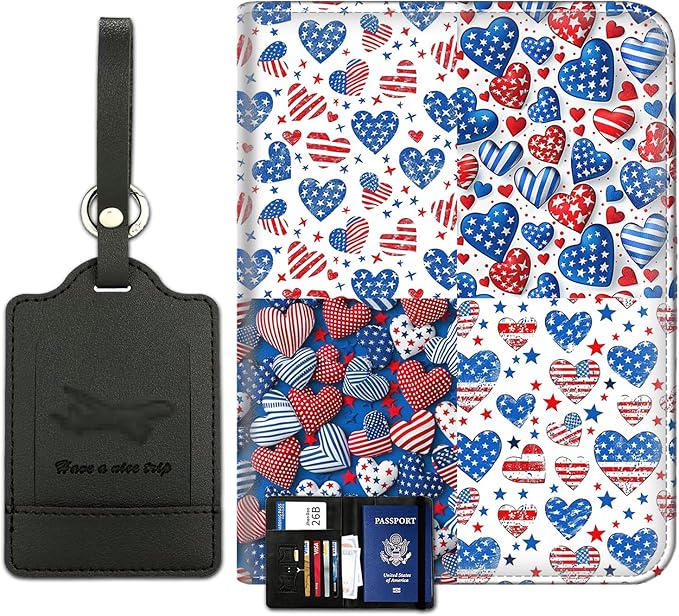 Passport Wallet, Passport Holder with RFID Blocking and Luggage Tag, Waterproof PU Leather Travel Documents Organizer Case, Passport Covers with Card Slot for Women & Men, Patriotic Americana Hearts