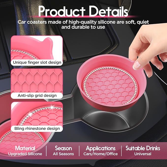 Amooca Car Cup Coaster Universal Non-Slip Cup Holders Bling Crystal Rhinestone Car Interior Accessories 4 Pack Peach Pink