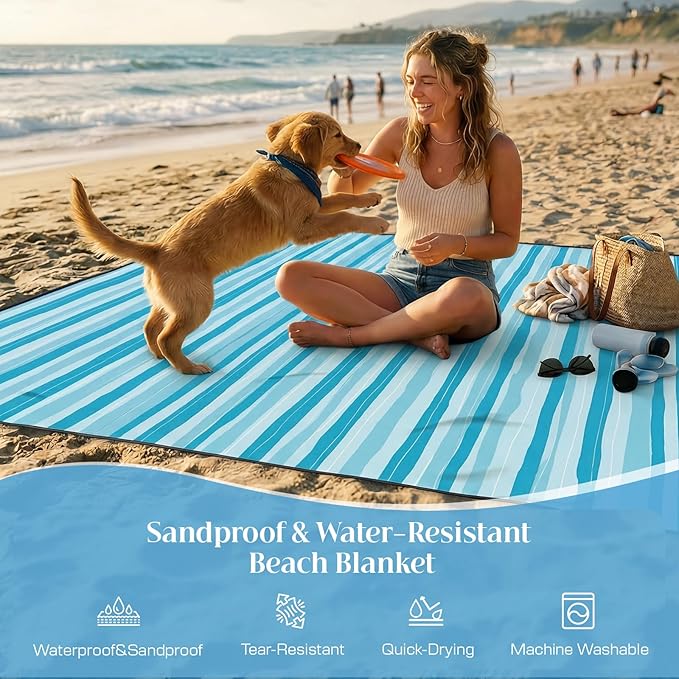 OIGAE 7x7ft Sandproof Beach Blanket - Large Waterproof Picnic Mat for 3-4 People, Lightweight Sand Free Mat for Summer Vacation with 6 Stakes & 4 Corner Pockets for Beach, Camping, Festivals