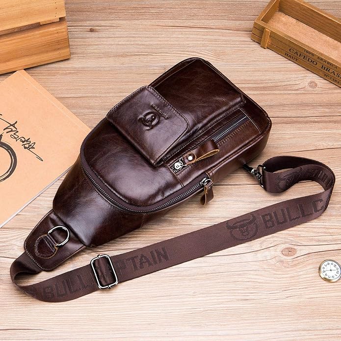 BULLCAPTAIN Mens Leather Crossbody Bag Shoulder Sling Bag Casual Daypacks Chest Bags for Travel Hiking Backpacks