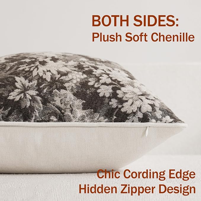 DEZENE Pack of 2 Vintage Floral Euro Sham Covers 26x26 Boho Farmhouse Accents Chenille Square Decorative Throw Pillow Cases for Living Room Couch Bed Home Decor, Grey