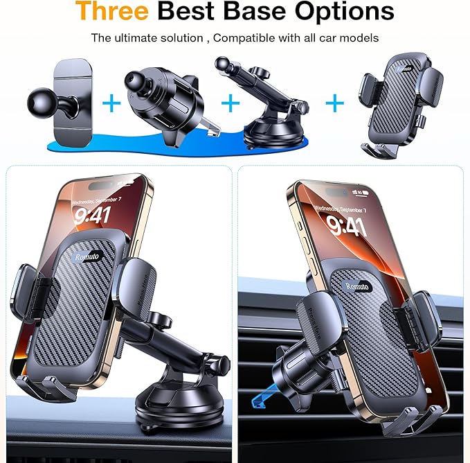 Phone Holders for Your Car Phone Holder Mount【Super Suction】Cell Phone Mount for Car Accessories for Women Men Windshield/Vent/Dash Truck Stand Mount for iPhone Samsung Automobile (Dark Black)