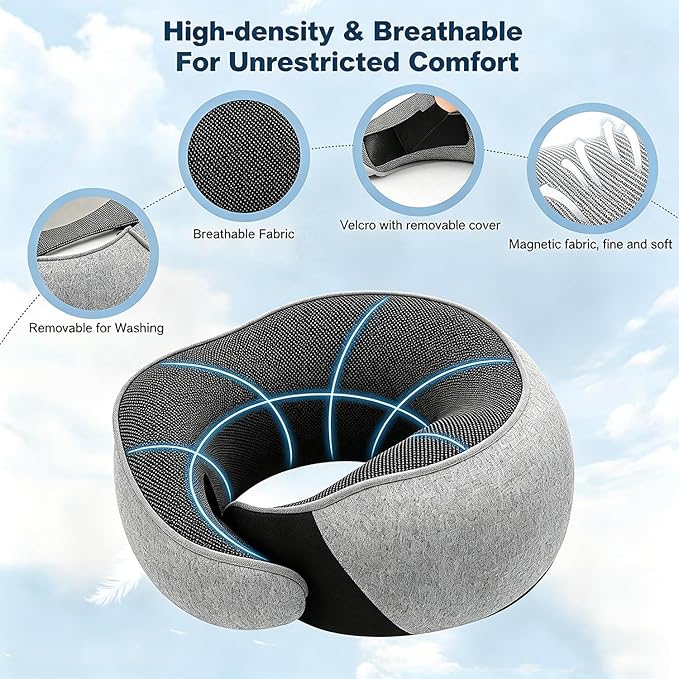 Ergonomic Airplane Pillow and Airplane Foot Hammock, Ultra Portable Neck Pillow with 360° Head Support, Portable Travel Foot Rest with Adjustable Strap, Includes Eye Mask & Ear Plugs, for Flight, Car